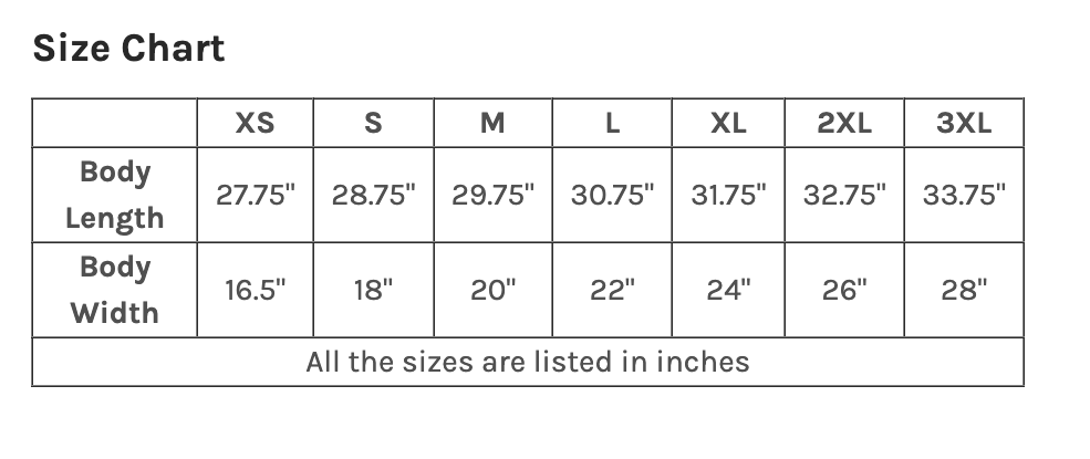 Tshirt size chart